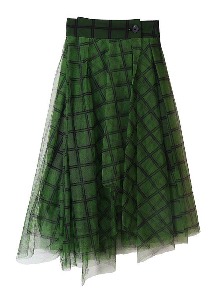 Boho Green Plaid tulle asymmetrical design Skirt Summer