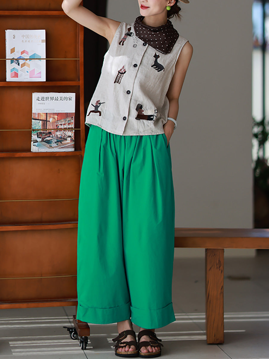 Women Summer Casual Pure Color 100%Cotton Wide-leg Pants