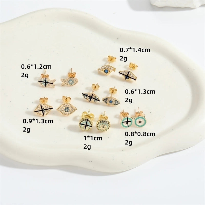 1 Pair Elegant Minimalist Commute Devil's Eye Enamel Inlay Copper Zircon 14K Gold Plated Ear Studs