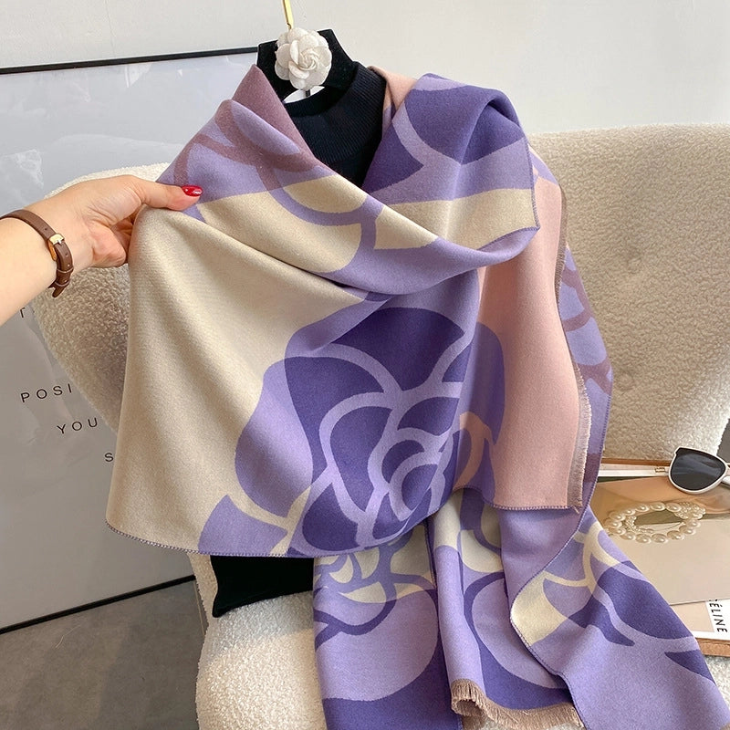 Color Matching Camellia Elegant Cashmere Scarf For Women Double-sided Thickened Autumn And Winter Warm Air Conditioning Shawl