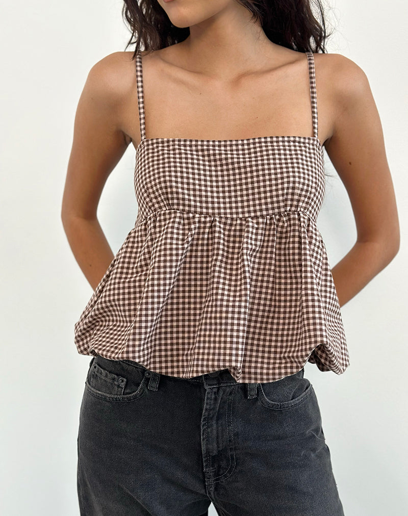 Charlita Frill Cami Top in Mini Gingham Brown