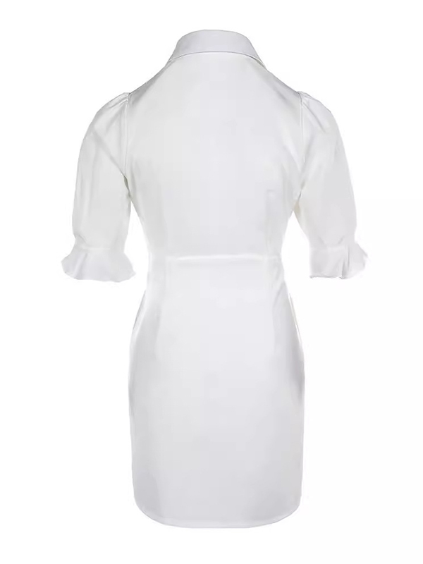 Puff Sleeves Short Sleeves Solid Color Split-Joint Lapel Mini Dresses Shirt Dress