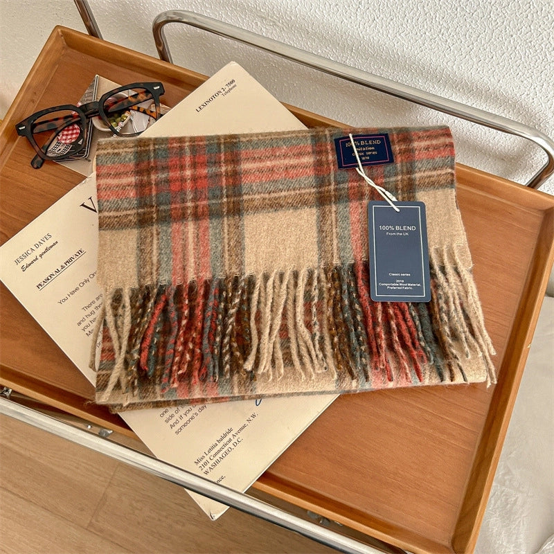 Women's Retro Plaid Polyester Tassel Scarf