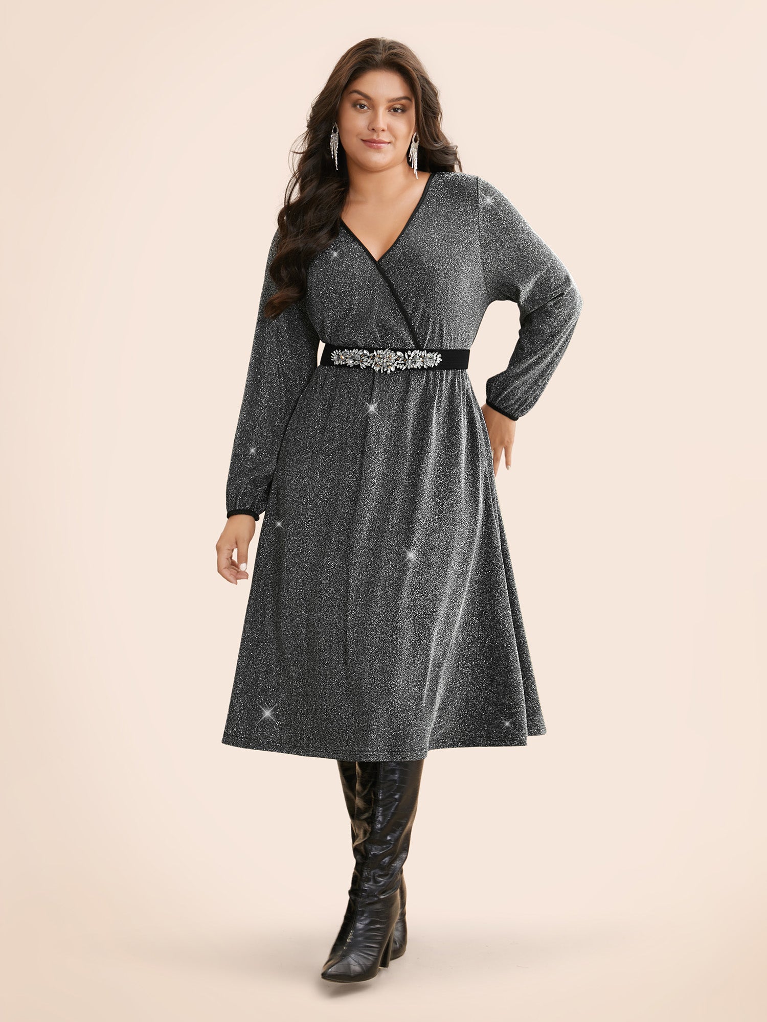 Overlap Collar Luxe Lantern Sleeve Dress