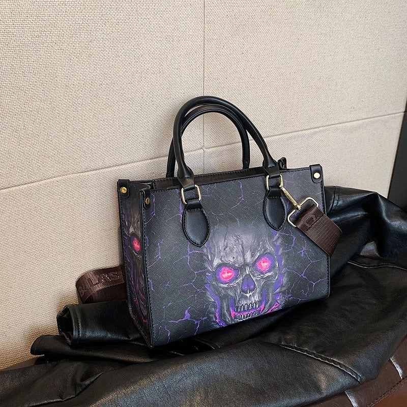 Halloween Women's Large Pu Leather Skull Streetwear Square Zipper Tote Bag