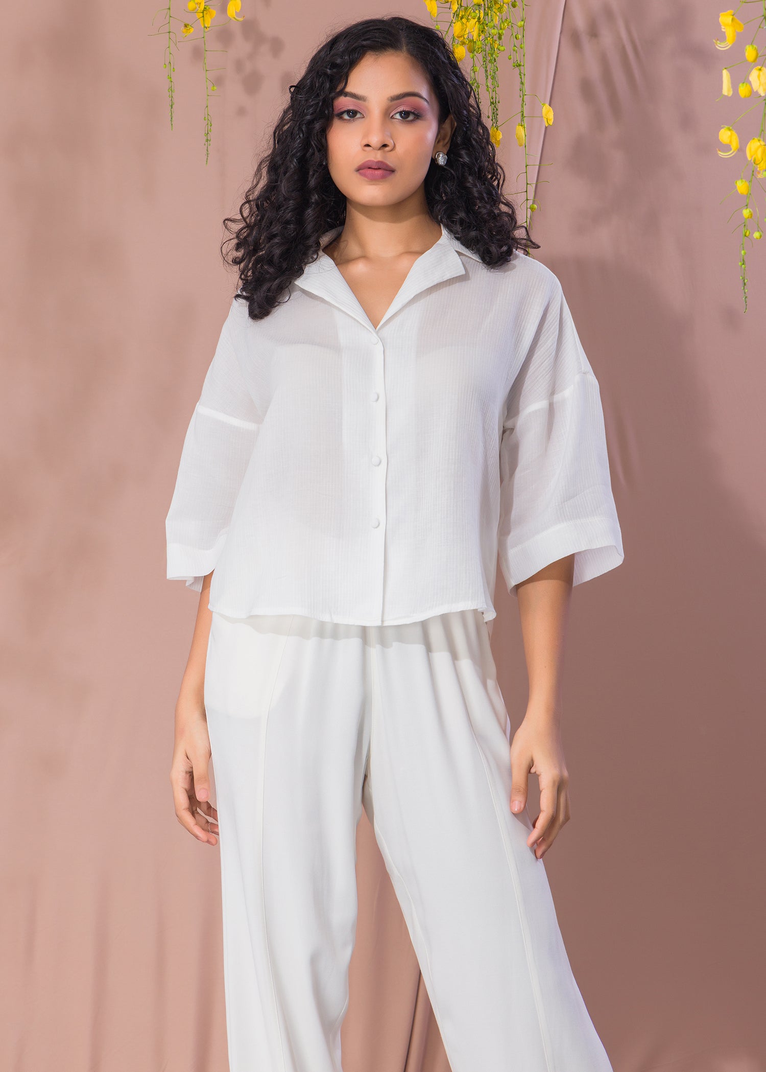 White Drop Shoulder Blouse With Cuban Collar