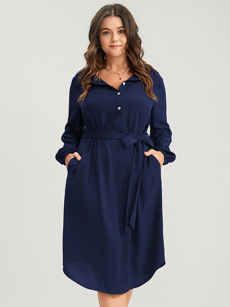 Solid Lantern Sleeve Button Pocket Belted Arc Hem Dress