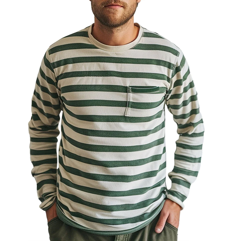 Men's Striped Print Casual Round Neck Pocket Long Sleeve T-Shirt