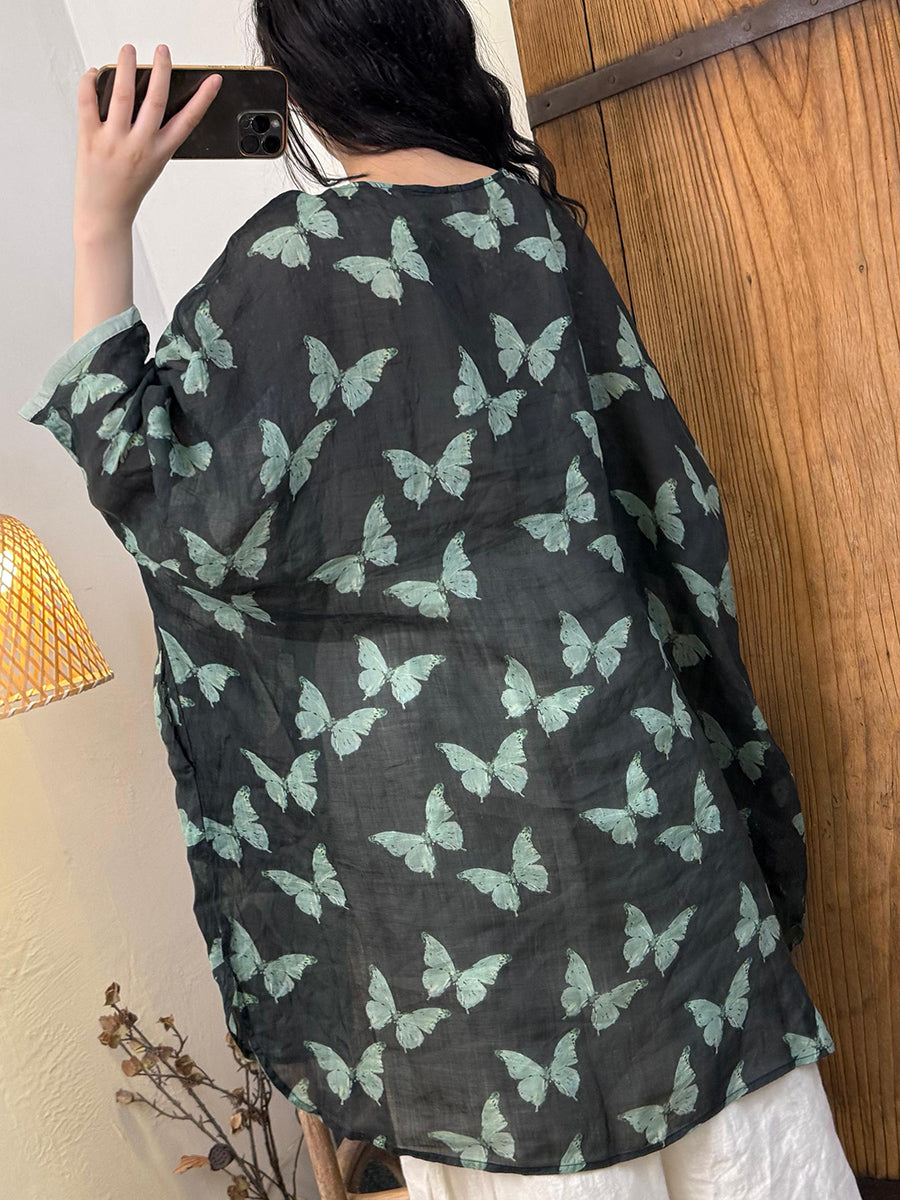 Women Summer Artsy Butterfly Flower Ramie O-Neck Shirt