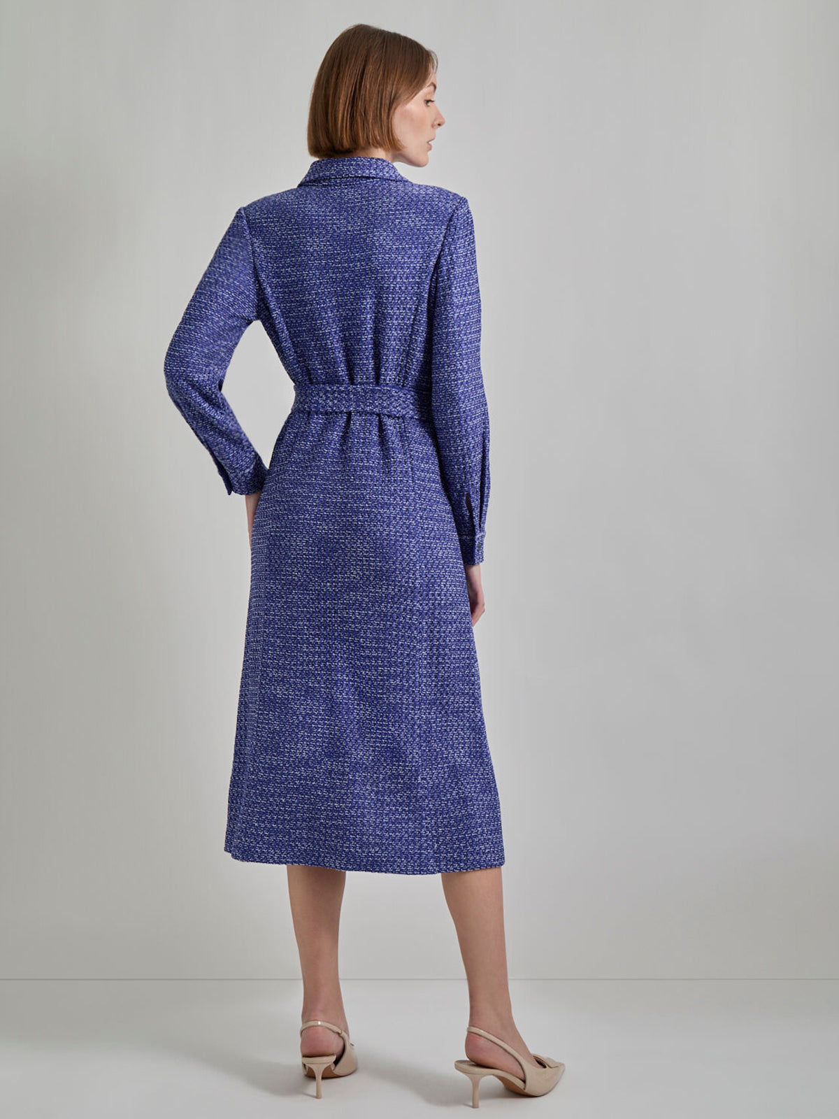 Belted Button Front Tweed Knit Midi Dress