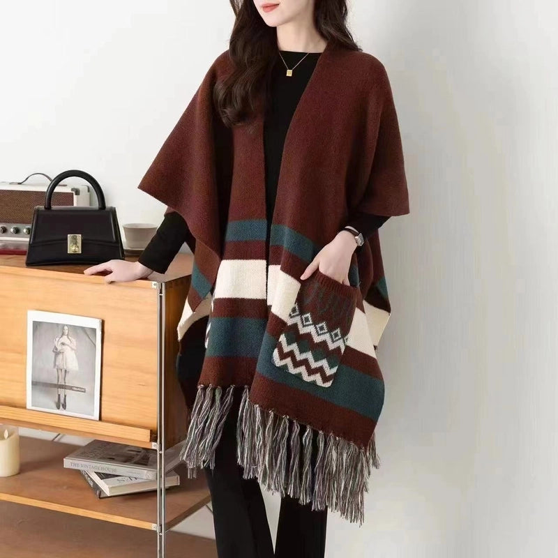 Women's Elegant Retro Geometric Imitation Cashmere Tassel Shawl