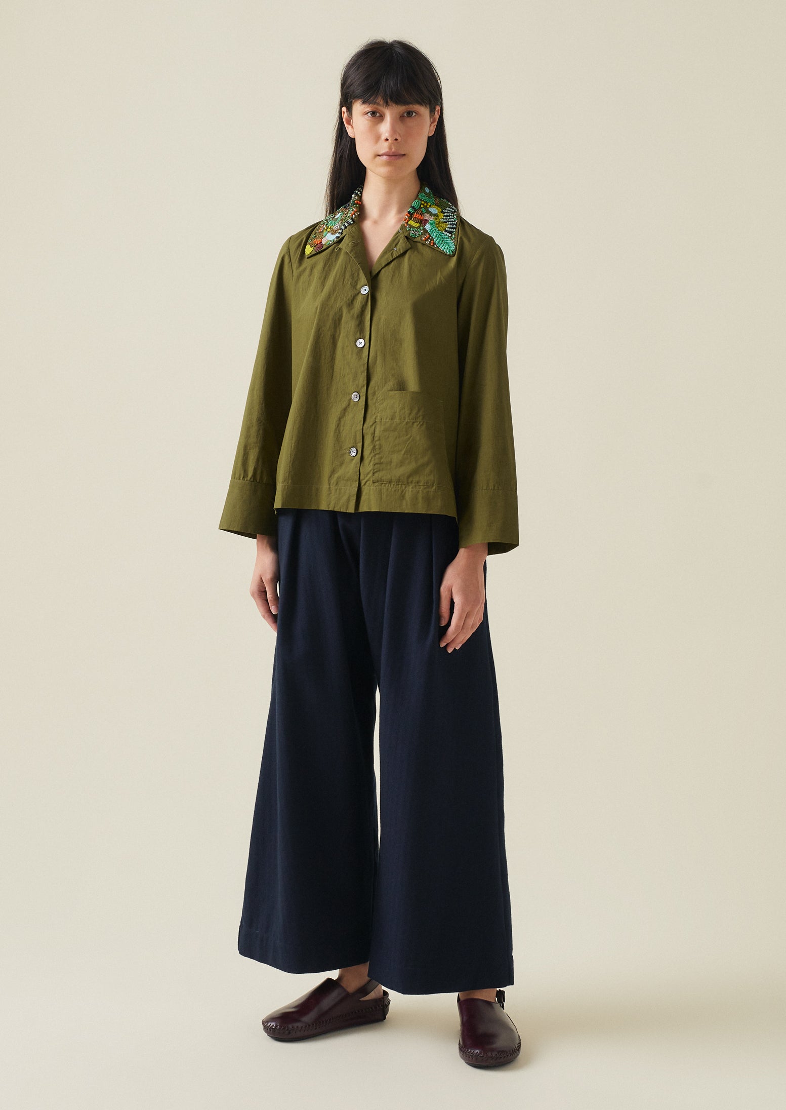Hand Beaded Poplin PJ Shirt | Rich Olive