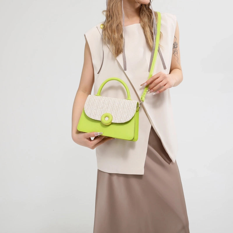 Women's Pu Leather Color Block Classic Style Sewing Thread Zipper Flip Cover Handbag Crossbody Bag