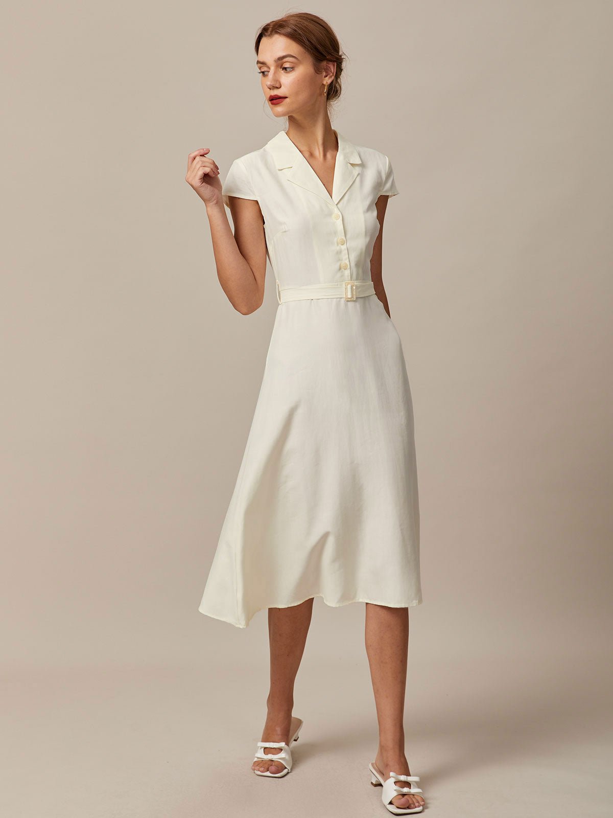 The Beige Lapel Cap Sleeve Shirt Midi Dress