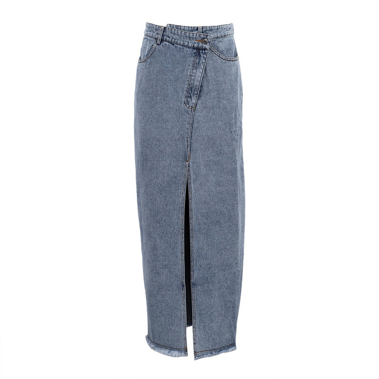 Raw Hem High Slit Maxi Denim Skirt