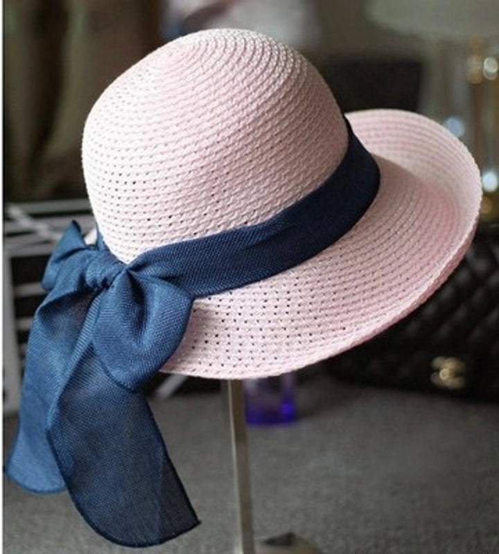 Women's Classic Style Solid Color Bow Knot Big Eaves Straw Hat
