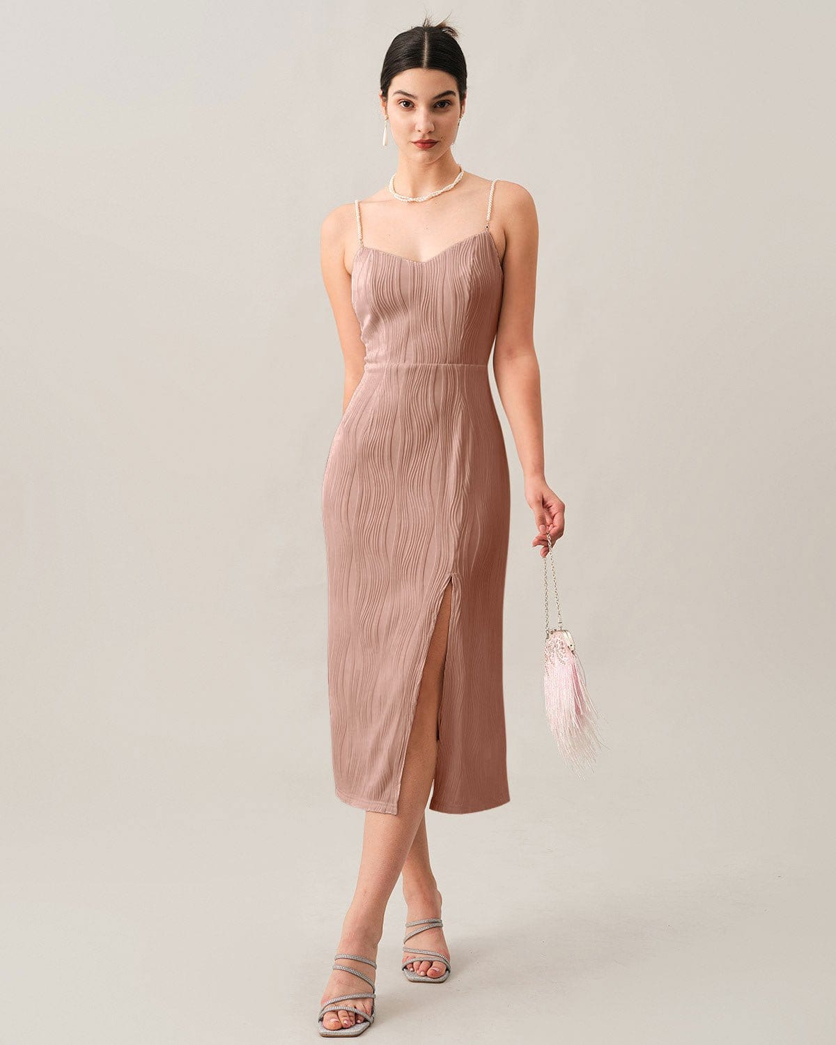 The Pink Wave Textured Pearl Strap Midi Dress