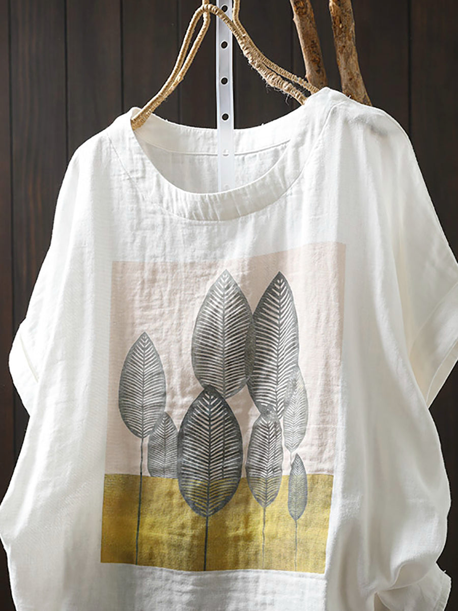 Plus Size Women Summer Casual Print O-Neck Cotton Shirt