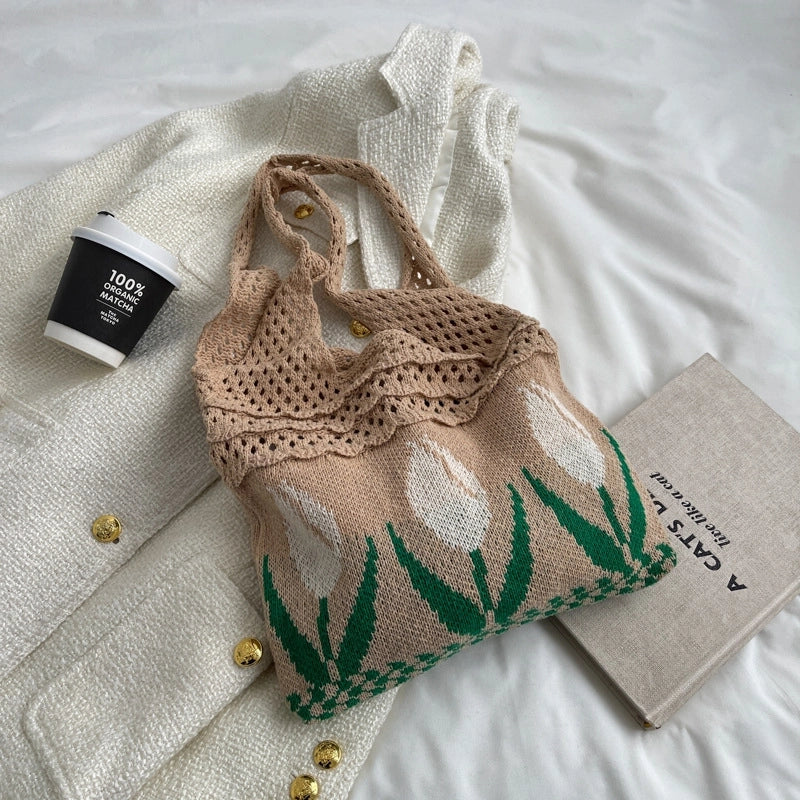 Women's Medium Fabric Flower Vintage Style Vacation Weave Open Handbag