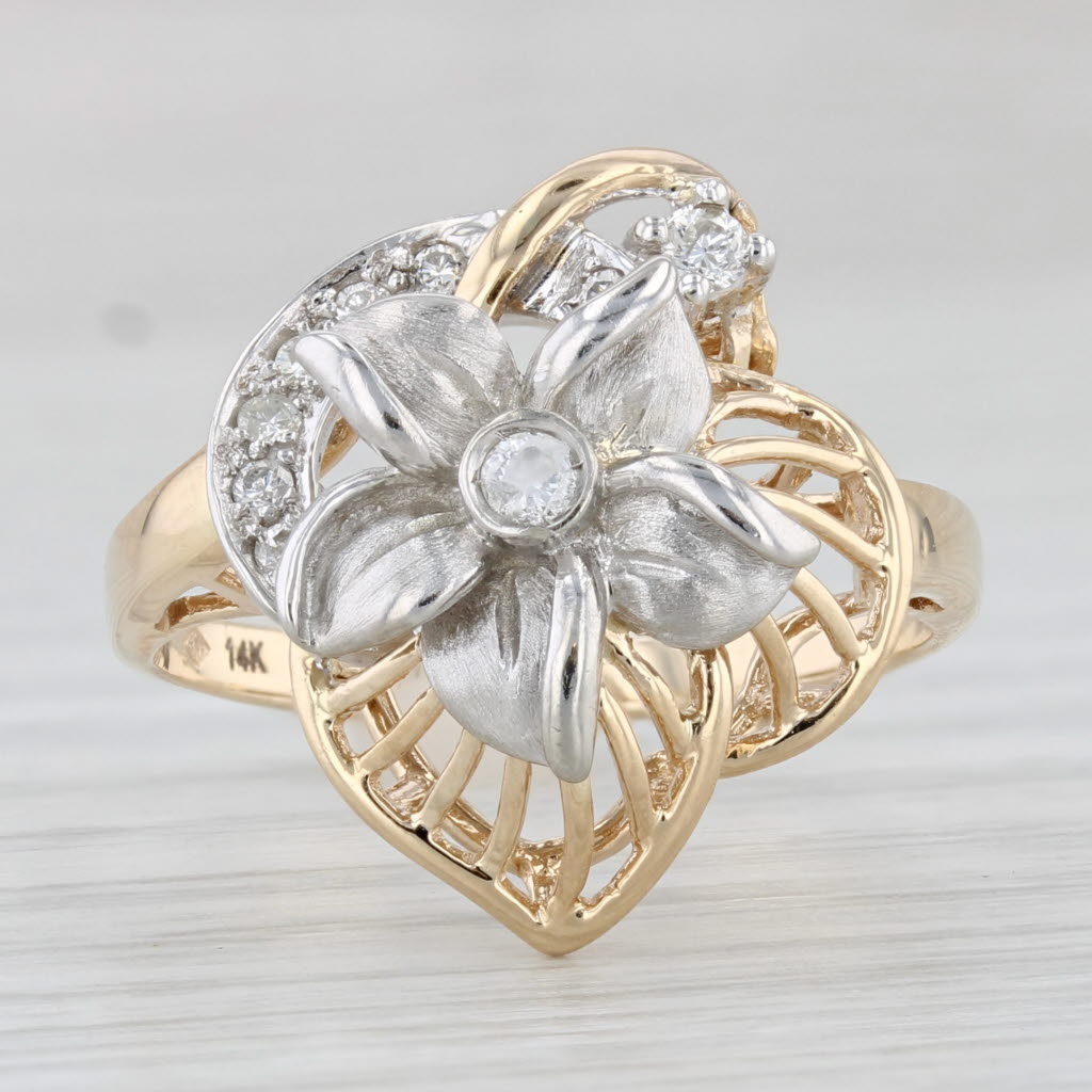 0.11ctw Diamond Flower Ring 14k White Yellow Gold Size 7.5