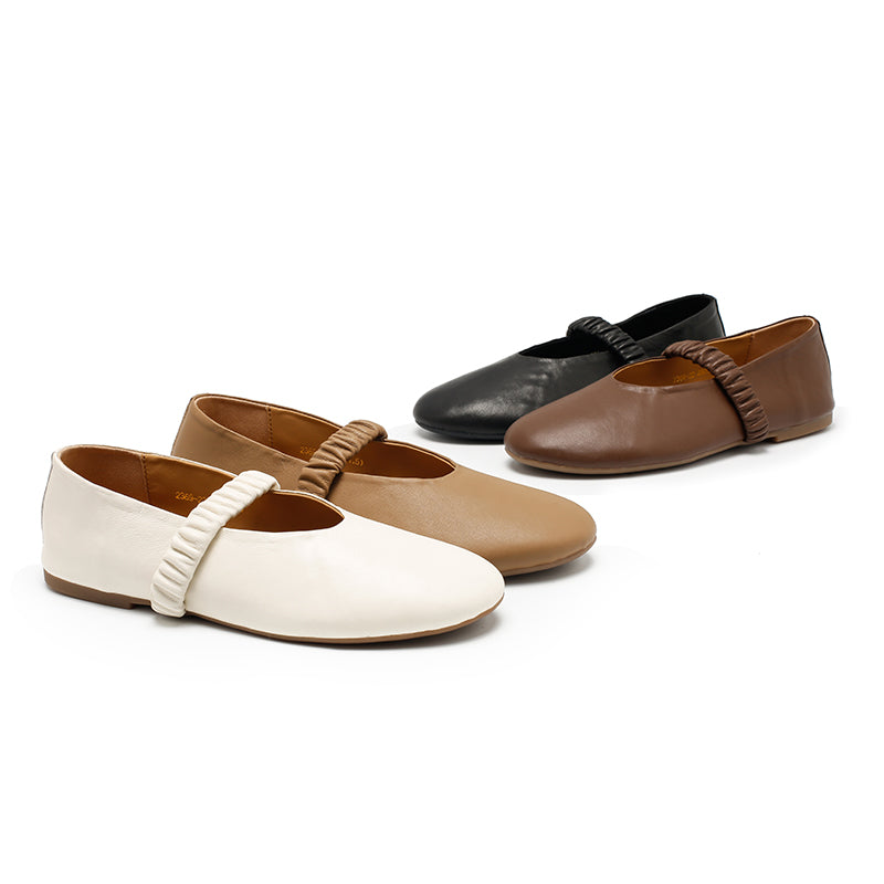 Casual Soft Sheepskin Mary Jane Flats with Elastic Strap in Khaki/Deep Brown/White/Black