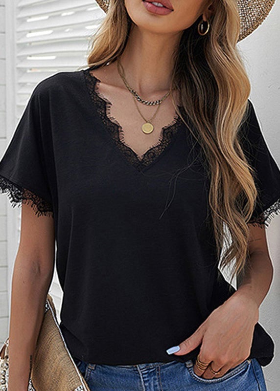 Brief White V Neck Lace Patchwork Solid T Shirt Short Sleeve