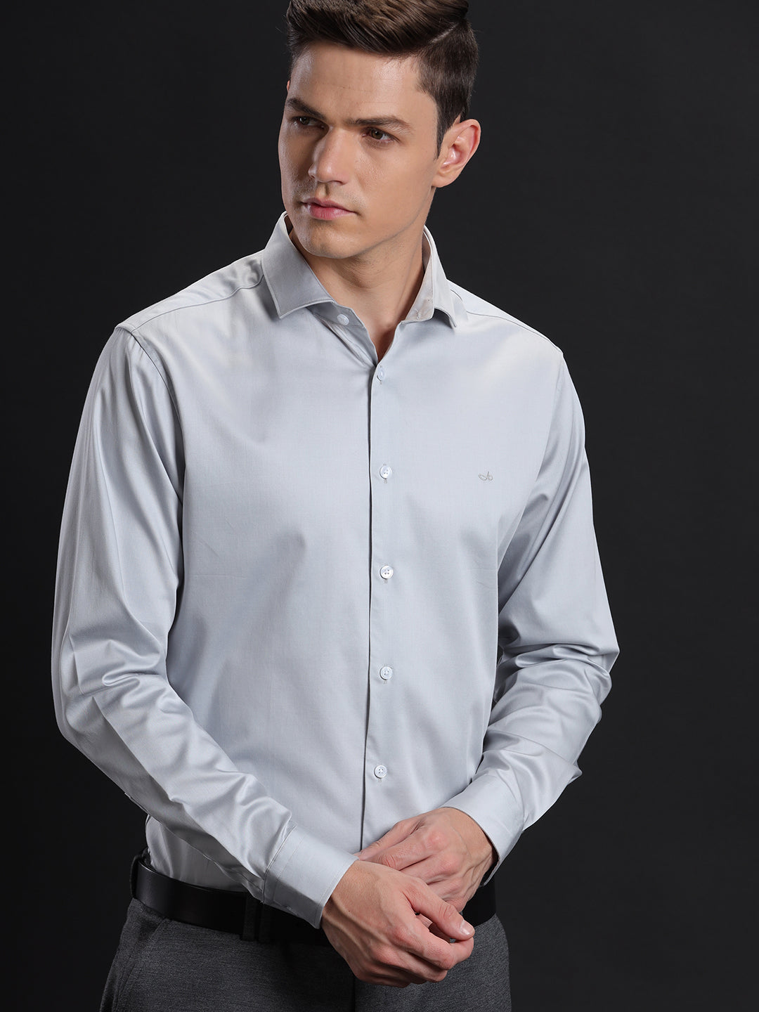 Mens Slim Fit Solid Grey Formal Satin Shirt (CALIB)