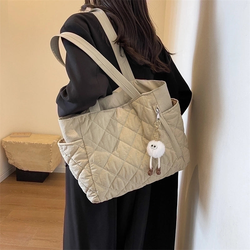 Women's Oxford Cloth Solid Color Elegant Vacation Sports Sewing Thread Square Zipper Shoulder Bag Bucket Bag