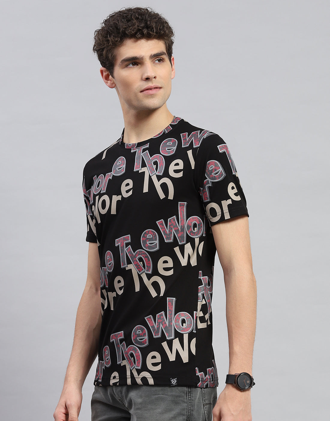 Men Black Printed Round Neck Half Sleeve T-Shirt