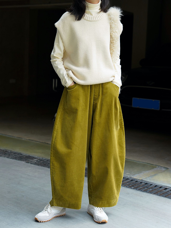 Vintage Corduroy Wide Leg Loose Solid Color Pants
