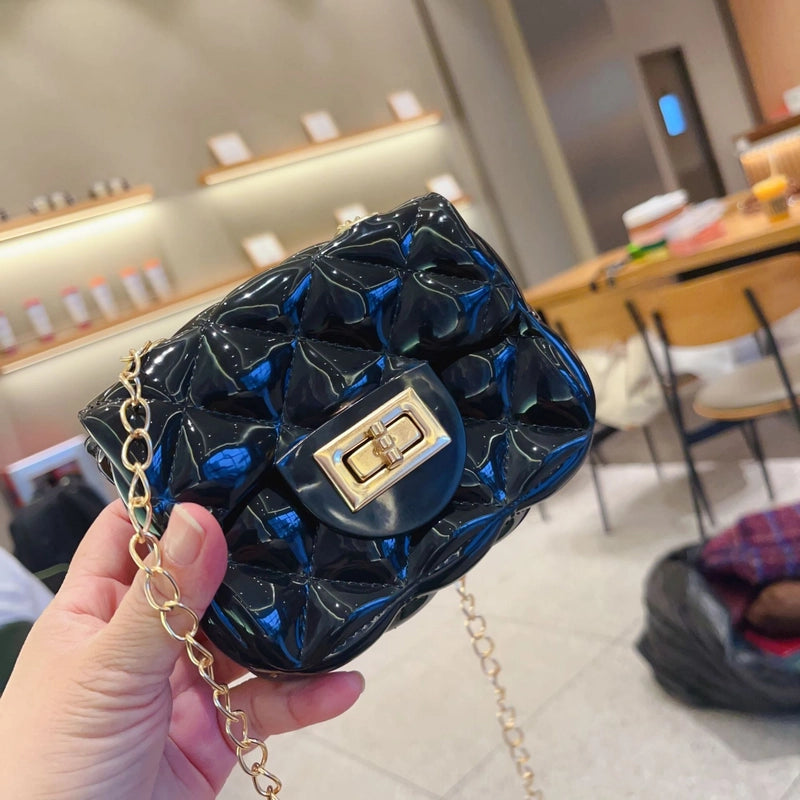 Women's Mini PVC Solid Color Lingge Cute Streetwear Square Flip Cover Lock Clasp Jelly Bag