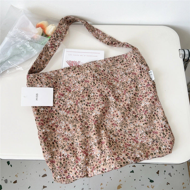 Women's Medium Canvas Flower Basic Classic Style Square Open Canvas Bag