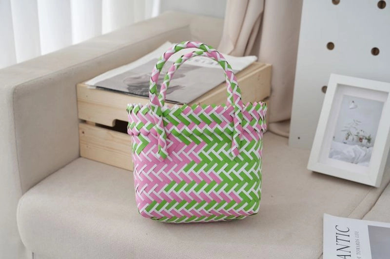 Women's Small PVC Stripe Bow Knot Cute Weave Square Open Handbag