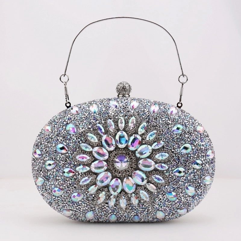 Red Green Blue Pu Leather Polyester Flower Rhinestone Oval Evening Bags