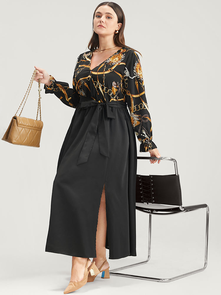 Chain Print V Neck Pocket Lantern Sleeve Belted Split Dress