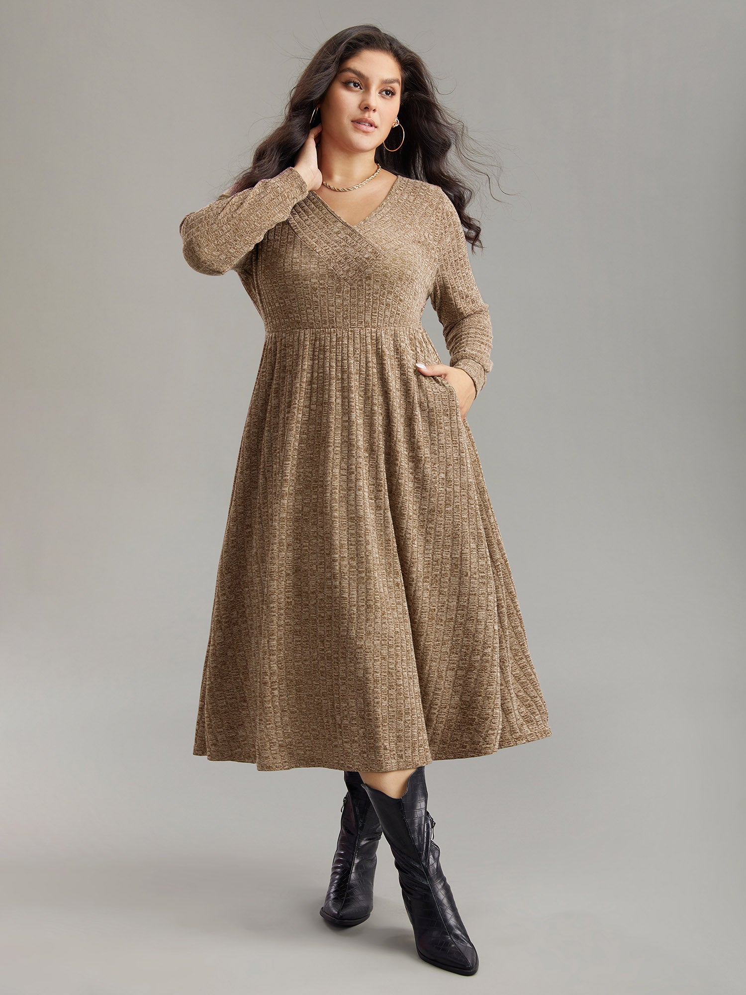 Rib Knit Plain Plisse Long Sleeve Dress