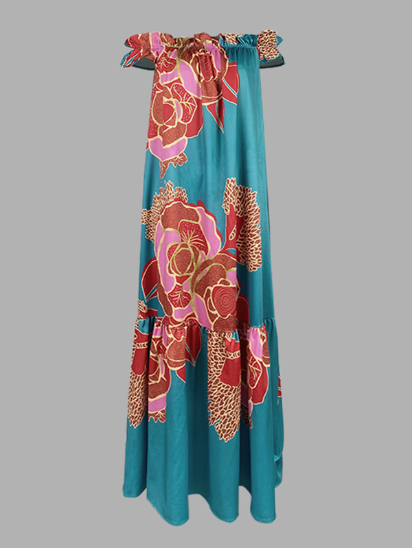 A-Line Loose Elasticity Flower Print Pleated Split-Joint Off-The-Shoulder Maxi Dresses