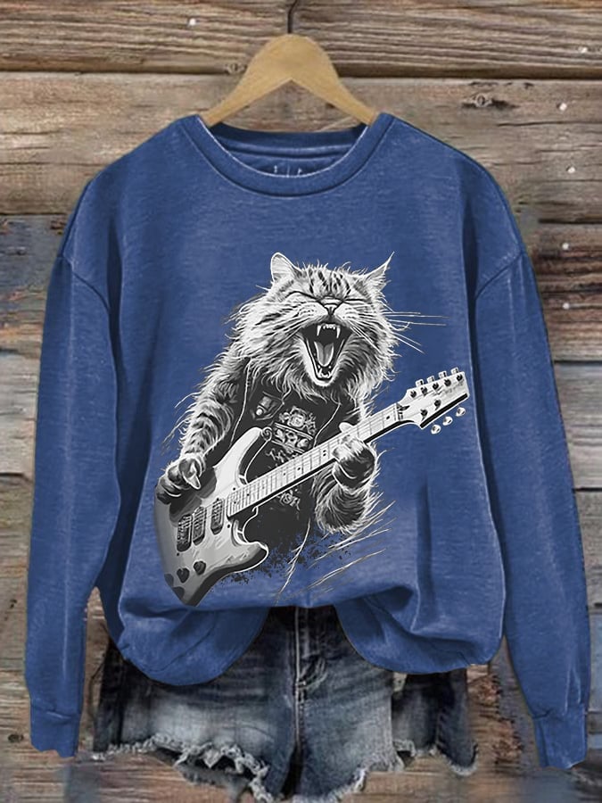Retro Rock Guitar Cat Print Sweatshirt
