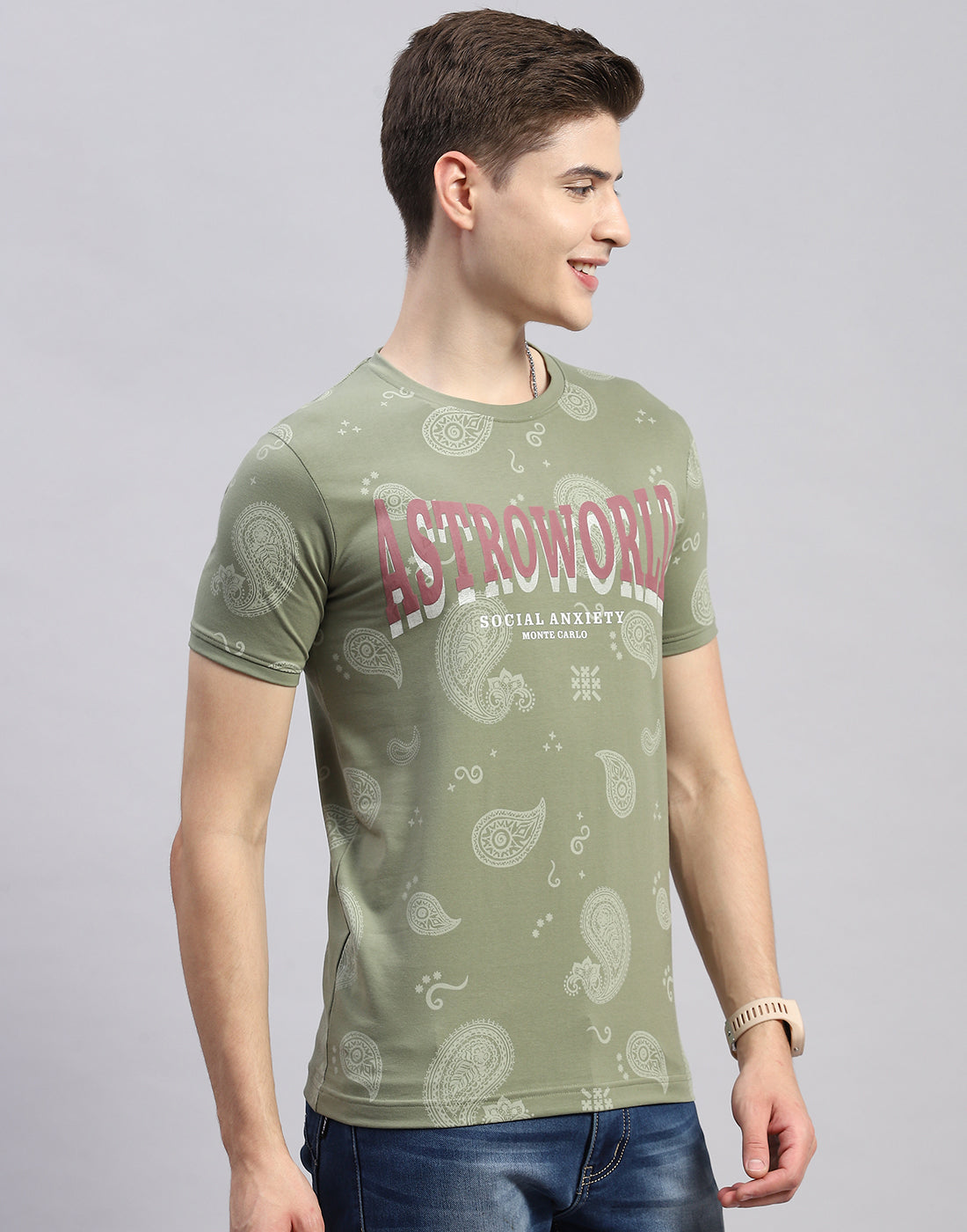 Men Olive Floral Print Collar Half Sleeve T-Shirt