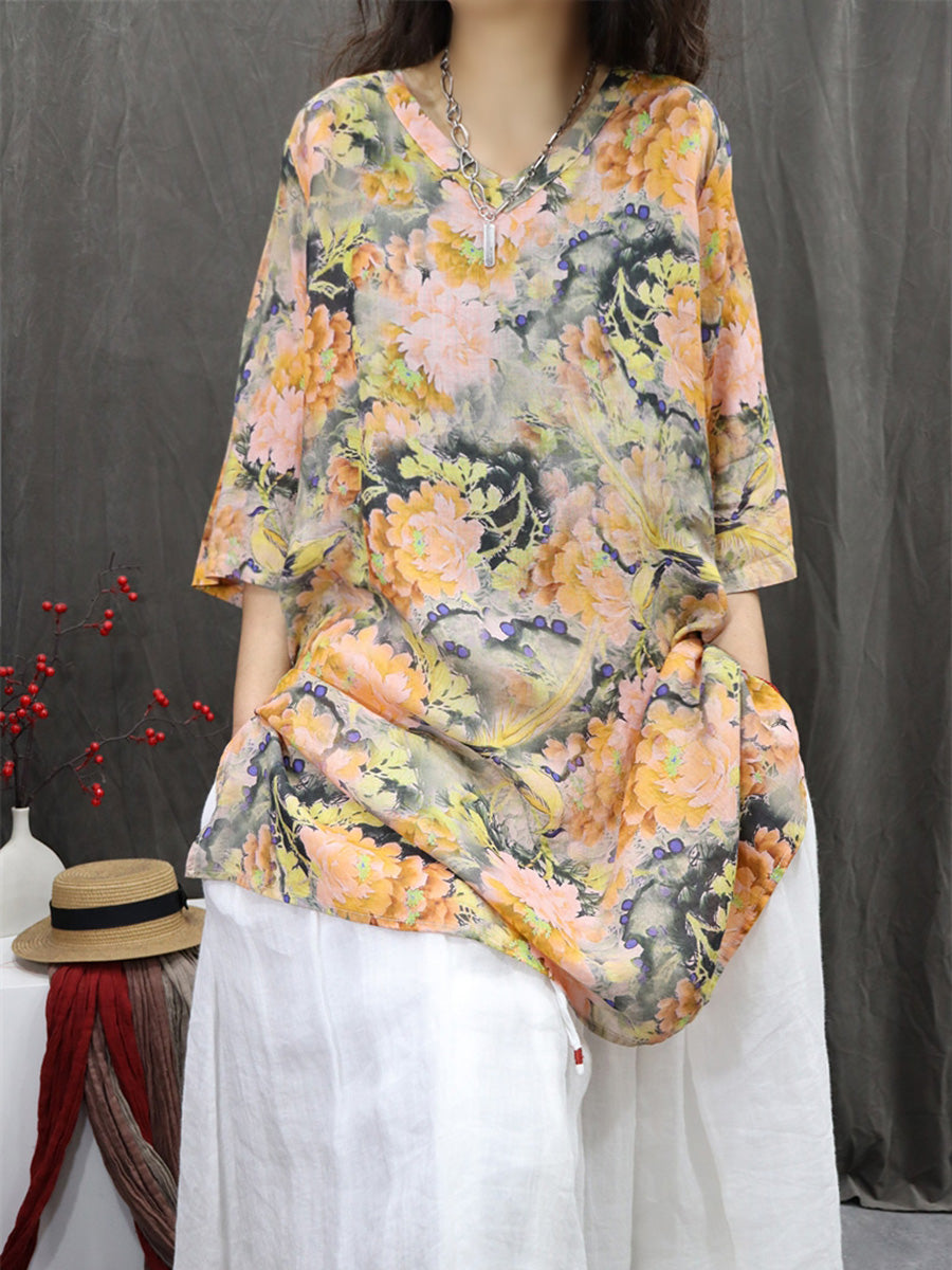 Women Spring Vintage V-Neck 100%Ramie Shirt