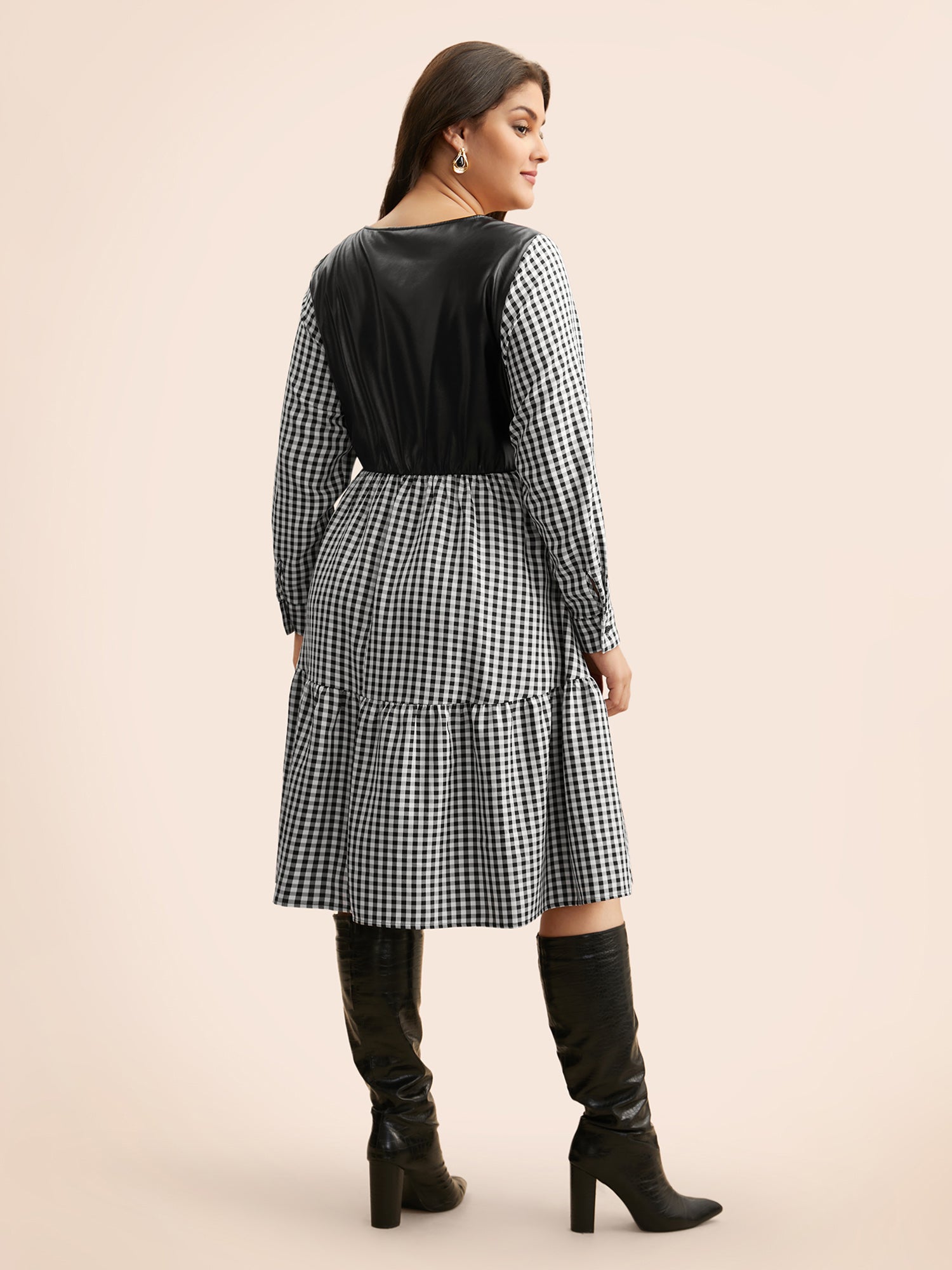 Round Neck Gingham PU Leather Dress