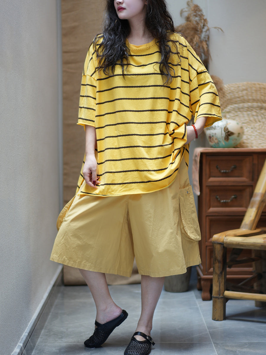 Women Summer Casual Stripe Cotton O-Neck Shirt