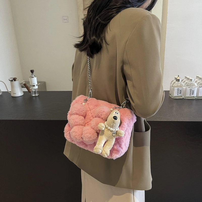 Women's Small Plush Solid Color Elegant Streetwear Plush Square Flip Cover Square Bag