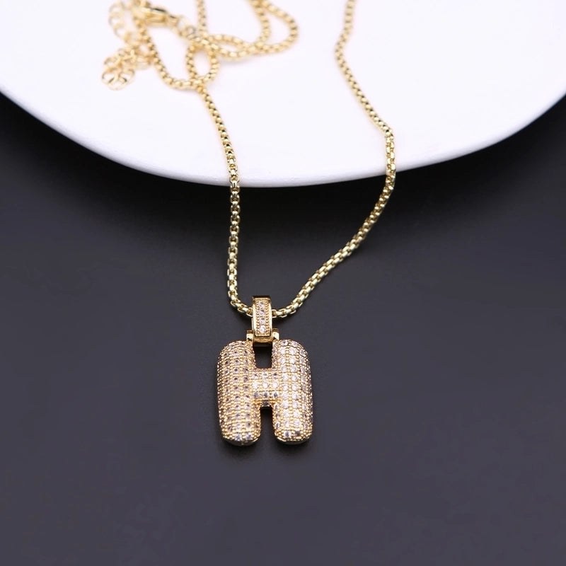 Copper Minimalist Shiny Plating Hollow Out Inlay Letter Zircon Pendant Necklace