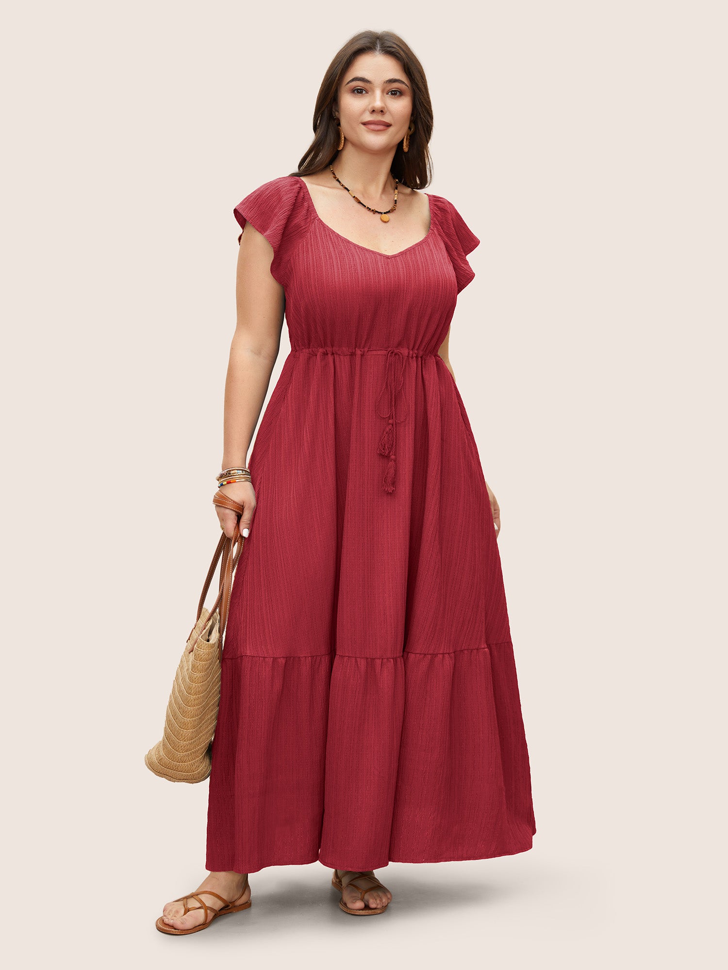 Texture Drawstring Tie Knot Tassels Dress