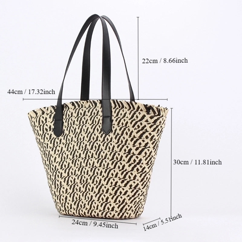 Women's Large Straw Geometric Vacation Bucket Zipper Straw Bag