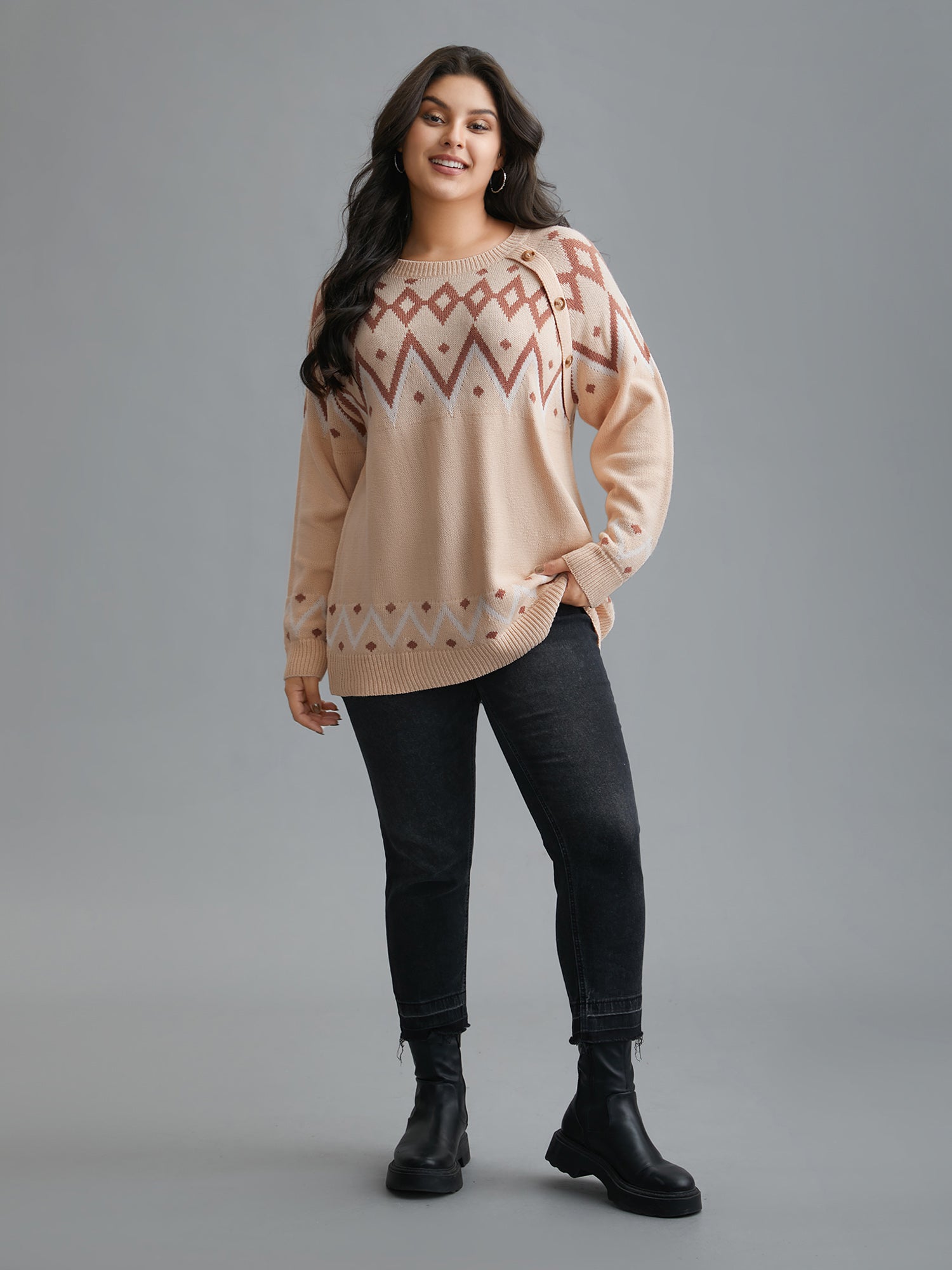 Jacquard Print Button Round Neck Pullover