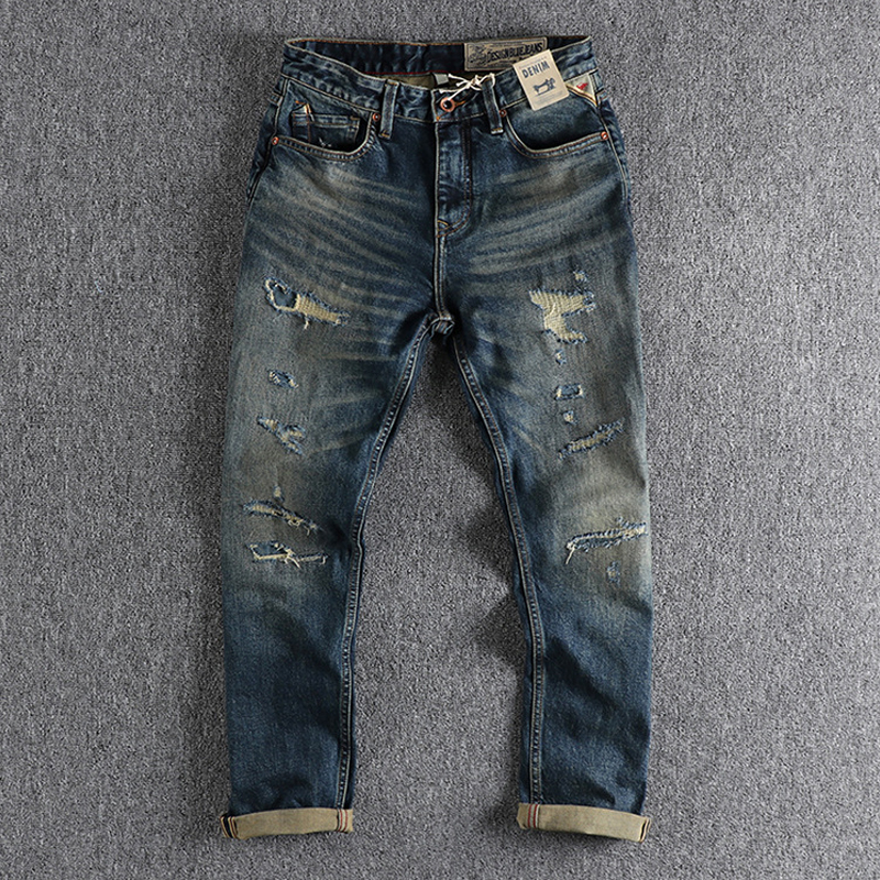 Vintage Washed Selvedge Denim Ripped Patch Jeans
