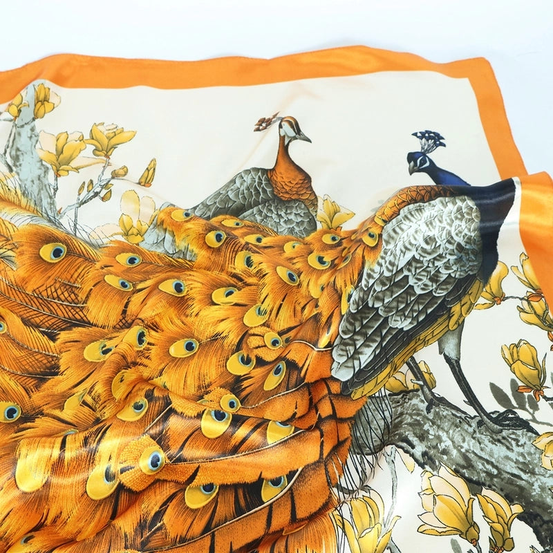 Women's Elegant Formal Peacock Flower Satin Silk Scarf