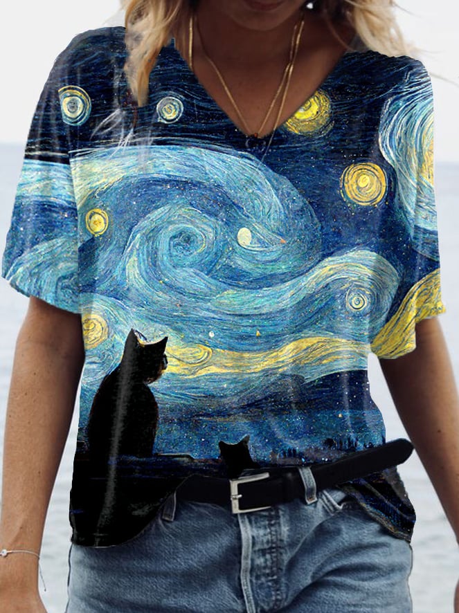 Women's Starry Night Black Cat Print T-Shirt